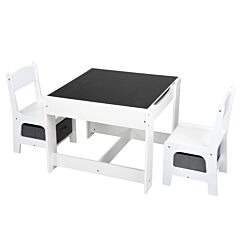 3-in-1 Kids Wood Table And 2 Chairs, Children Activity Table Set With Storage, Blackboard, Double-sided Table For Drawing - White