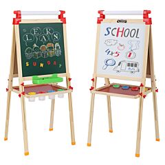 Kids Wooden Art Easel Double-sided Whiteboard And Chalkboard Adjustable Standing Easel With Paper Roll Holder - As Pictures