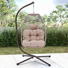 Outdoor Patio Wicker Folding Hanging Chair,rattan Swing Hammock Egg Chair With Cushion And Pillow - Khaki