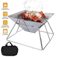 Foldable Bbq Grill Charcoal Barbecue Stove Portable Stainless Steel Campfire Stove Pit - Silver