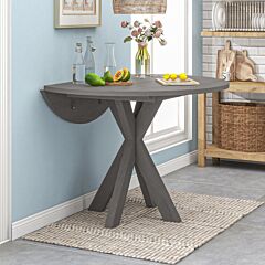 Farmhouse 42" Round Wood Dining Table With Drop Leaf For Small Places - Gray