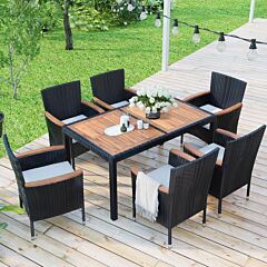 7-piece Outdoor Patio Dining Set, Garden Pe Rattan Wicker Dining Table And Chairs Set, Acacia Wood Tabletop, Stackable Armrest Chairs With Cushions - Brown