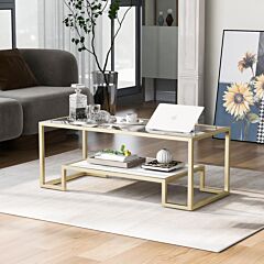 Modern, Minimalist Design Living Room Coffee Table, Metal With Stained White Tempered Glass, 2-tier Sofa Cocktail Tables, Gold - Gold