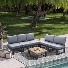 Aluminum Outdoor Patio Furniture Set, Modern Patio Conversation Set Of 7, Outdoor Sectional Metal Sofa With 5 Inch Cushion And Coffee Table For Balcony, Garden - Grey