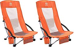 Outdoor Beach Chair High Back Folding Mesh Low Seat Sand Chair, 2 Pack - Orange