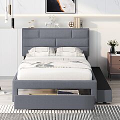 Full Size Linen Upholstered Platform Bed With A Drawer And Storage Shelves - Gray