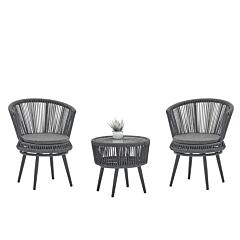 Modern Outdoor Table And Chair Woven-belt Rope Wicker Hand-make Weaving Furniture Swivel Rope Chair 3pcs Rattan Chair - Gray