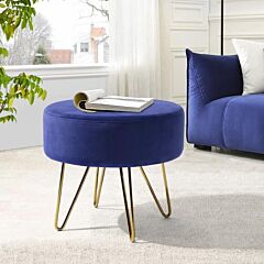 17.7 Inches Dark Blue And Gold Decorative Round Shaped  Ottoman With Metal Legs - As Picture