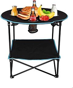 Folding Table, Travel Camping Picnic Collapsible Round Table With 4 Cup Holders And Carry Bag (black & Blue) - Black & Blue