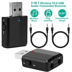 3 In 1 Wireless V5.0 Usb Audio Transmitter Receiver Edr Adapter Music Streaming For Tv Pc Headphones - Black