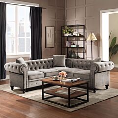 [video Provided] 80*80*28' Deep Button Tufted Velvet Upholstered Rolled Arm Classic Chesterfield L Shaped Sectional Sofa 3 Pillows Included-grey - Gray