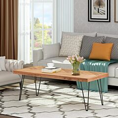 On-trend Modern Coffee Table, Easy Assembly Tea Table Cocktail Table W/chevron Pattern &amp; Metal Hairpin Legs, Nature Rough - As Picture