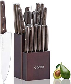 Kitchen Knife Sets, Cookit 15 Piece Knife Sets With Block For Kitchen Chef Knife Stainless Steel Knives Set Serrated Steak Knives With Manual Sharpener Knife - Espresso