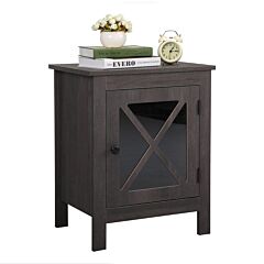 Farmhouse Side Table, Wood Nightstand With X-shaped Glass Door, End Table For Bedroom Living Room, Rustic Xh - Dark Grey Wood Grain