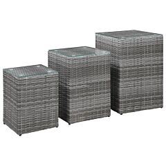 Side Tables 3 Pcs With Glass Top Gray Poly Rattan - Grey