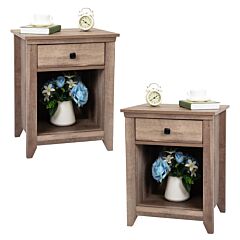 Set Of 2 Farmhouse Nightstand, Wood Bedside Table With Drawer And Open Compartment, Light Brown Xh - Light Brown