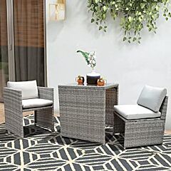 Outdoor Wicker Bistro Set Of 3 With Cushions - Gray