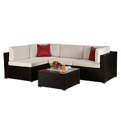 Beefurni Outdoor Garden Patio Furniture 5-piece Brown Pe Rattan Wicker Sectional Beige Cushioned Sofa Sets With 2 Red Pillows - Brown