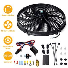 16 Inch Electric Radiator Cooling Fan 12v 120w 10 Blades Car Thermostat Kit W/ Mounting Kit - Black