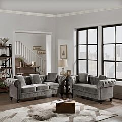 2 Pieces Chesterfield Sofa Set Button Tufted Velvet Upholstered Low Back Loveseat & 3 Seat Sofa Roll Arm Classic, 5 Pillows Included,wooden Legs - Gray