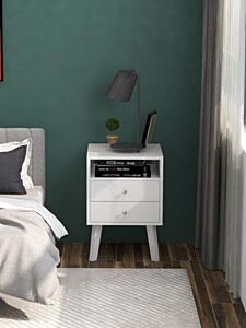 Mid-century Modern Modern Bedside Table, 2-drawer With Open Shelves, White - As Pic