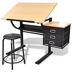 Three Drawers Tiltable Tabletop Drawing Table With Stool - Brown