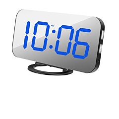 Digital Alarm Clock Mirror Surface Led Electronic Clock With Usb Charger Blue - Blue