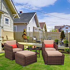 5 Pcs Outdoor Patio Rattan Wicker Furniture Set With Coffee Table Sofa Cushioned  Xh - Brown