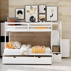 Twin Over Full/twin Bunk Bed, Convertible Bottom Bed, Storage Shelves And Drawers, White - White