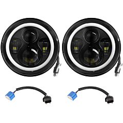 2 X 7" 6000lm Round Led Headlight Halo Angel Eyes For Jeep Wrangler Tj Jk Cj W/h4 To H13 Adapter Plug And Play - Black
