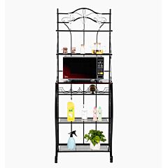 5-tier Metal Kitchen Bakers Rack , Microwave Storage Rack Oven Stand With Wine Storage Organizer Workstation Black (25" X 16" X 68") - As Pictures