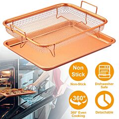 Crisper Tray Set Non Stick Cookie Sheet Tray Air Fry Pan Grill Basket Oven Dishwasher Safe Oil Free - Copper