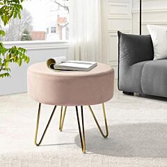 17.7 Inches Pink And Gold Decorative Round Shaped Ottoman With Metal Legs - As Picture