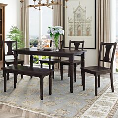 Classic Dining Set Wooden Table And 4 Chairs With Bench For Kitchen Dining Room, Espresso (set Of 6) - Espresso