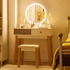 Vanity Set With Lighted Mirror, 3 Color-touch Screen Dimming Mirror, Adjustable Brightness, Bedroom Vanity Makeup Dressing Table With 4 Drawers And Cushioned Stool - White