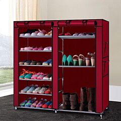 Double Rows Home Shoe Rack Shelf Storage Closet Organizer Cabinet Portable Cover Wine Red - Wine Red
