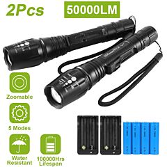 2packs T6 Tactical Military Led Flashlight 50000lm Zoomable Rechargeable Flashlight Torch W/ 5modes Sos Night Light - Black