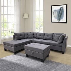 Sectional Sofa Set For Living Room With Left Hand Chaise Lounge And Storage Ottoman (grey) - Grey