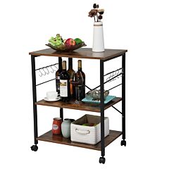 Simple Wood Kitchen Cart With 3-tier Storage Space, Movable Microwave Stand With 10 Hooks Xh - Brown + Frosted Black