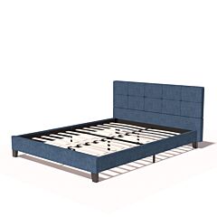 Upholstered Linen Queen Platform Bed/metal Frame With Tufted Square Stitched Headboard - Strong Wood Slats Support - Mattress Foundation In Dark Blue, Queen Size - Blue