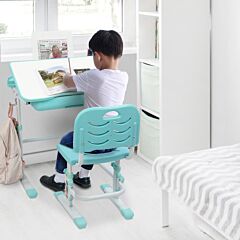 80cm Hand-operated Lifting Table Top Can Tilt Children's Study Table And Chair Blue- Green (with Reading Frame Without Lamp) - Blue- Green