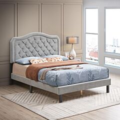 Upholstered Bed Button Tufted With Curve Design - Strong Wood Slat Support - Easy Assembly - Gray Velvet - Platform Bed - Queen - Light Gray