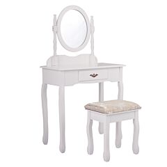 Vanity Table And Chair Set, Makeup Dressing Table With Mirror And Large Drawer, Thick Padded Stool - White - White