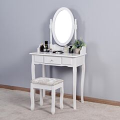 Vanity Table Set With Rotatable Oval Mirror And Cushioned Stool, Modern Makeup Bedroom Dressing Table With A Drawer For Girls Woman,white 31.5x15.75x53.54 Inch - As Pic