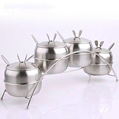 4 Pcs Stainless Steel Seasoning Container Set Condiment Serving Bowls Kitchen Spice Jars With Stand Rack And Spoons - Silver