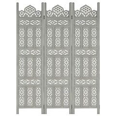 Hand Carved 3-panel Room Divider Gray 47.2"x65" Solid Mango Wood - Grey