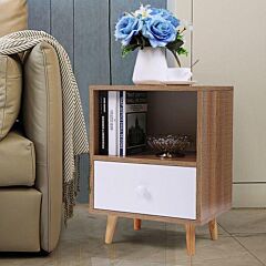 Mid Century Nightstand, Modern End Table With Drawer And Open Shelf, Solid Wood Legs, Side Table For Bedrooms Living Rooms Xh - Natural And White