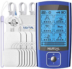 Nursal 24 Modes Dual Channel Tens Ems Unit Muscle Stimulator For Pain Relief Therapy, 12 Pcs Electrode Pads - Blue