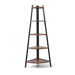 Industrial Corner Ladder Shelf, 5 Tier Bookcase A-shaped Utility Display Organizer Plant Flower Stand Storage Rack, Wood Look Accent Metal Frame Furniture Home Office Rt - Rustic Brown