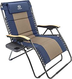 Outdoor Zero Gravity Chair Wood Armrest Padded Comfort Folding Patio Lounge Chair, Blue+black - Navy Blue+brown